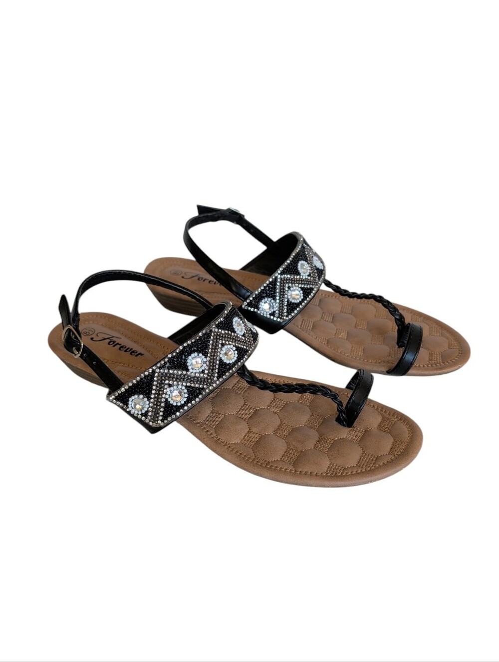Forever Rymill-2 Beaded Boho Toe Loop T-Strap Sandals 8.5 Black White